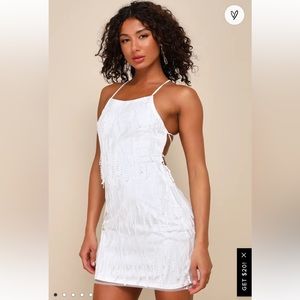 Lulu’s Making Magic White Fringe Lace-Up Mini Dress